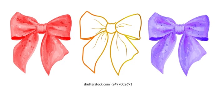 Vector set of watercolor colorful girly tied bows isolated on white. Illustrations of cute hair ribbons.