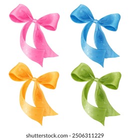 Vector set of watercolor colorful girly tied bows isolated on white. Illustrations of cute hair ribbons.