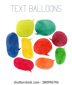 Vector set of watercolor colorful text balloons on white background. Collection of hand drawn colorful text bubbles.