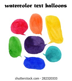 Vector set of watercolor colorful text balloons on white background. Collection of hand drawn colorful text bubbles.