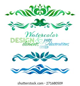 Vector set of watercolor design elements. Vintage page decorations and dividers isolated on white background. 