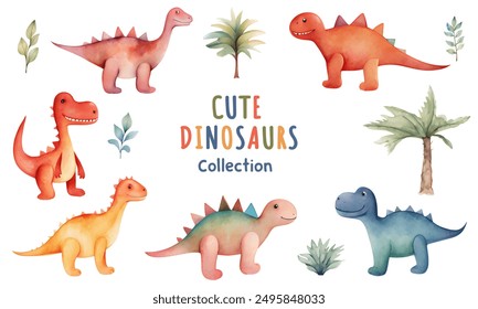 Vector set of watercolor dinosaurs. Cute hand drawn dinosaur illustrations. Little dinosaurs