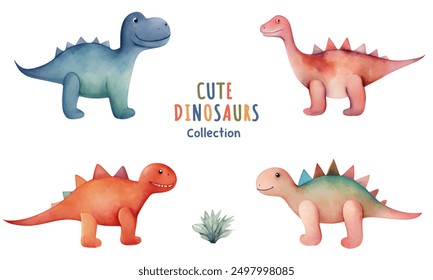 Conjunto de Vector de dinosaurios de acuarela. Lindas ilustraciones de dinosaurios dibujadas a mano. Pequeños dinosaurios