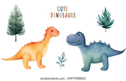 Vector set of watercolor dinosaurs and trees. Cute hand drawn dinosaur illustrations. Little dinosaurs