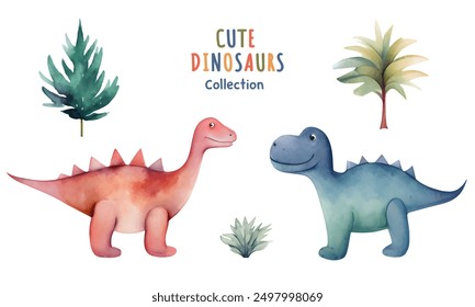 Vector set of watercolor dinosaurs and trees. Cute hand drawn dinosaur illustrations. Little dinosaurs