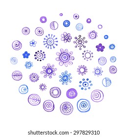 vector set of watercolor doodle circle elements. Blue and violet rounds, dots, flowers, spiral. Isolated.
