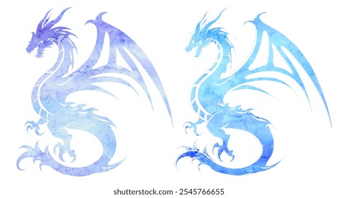 Vector set of watercolor dragon silhouette clip arts. Collection of blue silhouette dragons with wings isolated from background. Mythological fairy tale monster for sublimation, tattoo and icon.