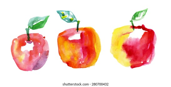 Vector set of  watercolor drawing apples,watercolor drawing design elements, hand drawn vector illustration