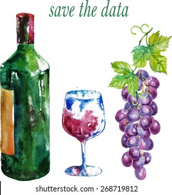 Vector set of watercolor drawn wine illustration