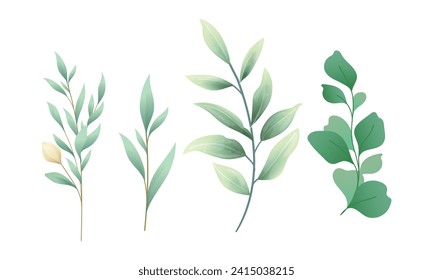 Vector set of watercolor flower and leaf on white.