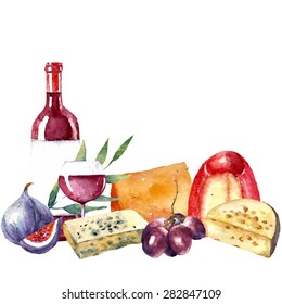 Vector Set Of Watercolor Food Illustration. Grapes, Cheese, Fig, Bottle Of Red Wine And A Glass Of Wine Are In The Set.