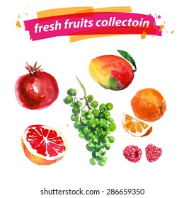 Vector set of watercolor fruits on white background. Fresh food illustration. Good for magazine and book articles, poster design, restaurant menu template.
