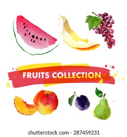 Vector set of watercolor fruits on white background. Fresh food illustration. Good for magazine and book articles, poster design, restaurant menu template.