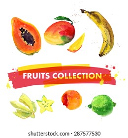 Vector set of watercolor fruits on white background. Fresh food illustration. Good for magazine and book articles, poster design, restaurant menu template.