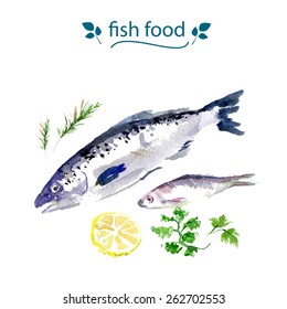 Vector set of watercolor hand drawn sea food. Fish set isolated on white background. Food illustration. Magazine, journal article, menu cover, recipe book, print illustration. Lemon, arugula, parsley.