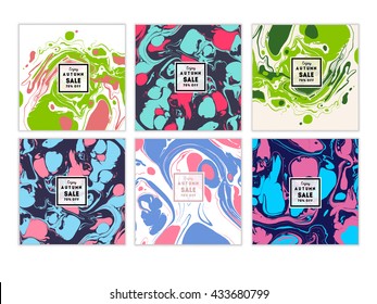 Vector set of watercolor hand drawn marbling illustration, abstract background, ebru print. Template for sail, wedding  (save date), corporate invitation, season sale, valentine, trendy poster. 