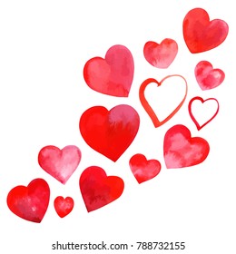 A vector set of watercolor hearts for valentine design, isolated on white