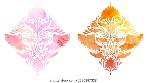 Conjunto vectorial de acuarela de la disposición floral. Colección de imágenes prediseñadas con siluetas simétricas de flores y tallos con follaje aislado de fondo para sublimación, pegatina