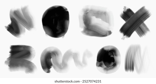 Vector set of watercolor ink strokes isolated on white background. Black watercolor stains. Set of painted grunge stripes. Black labels, stain, paint text