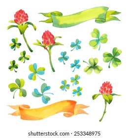 Vector set of watercolor isolated elements: ribbons, clover flowers and  shamrocks