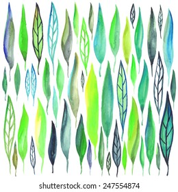 Vector set of watercolor leafs. Isolated nature elements, grouped by objects.