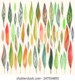 Vector set of watercolor leafs. Isolated nature elements, grouped by objects.