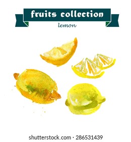 Vector set of watercolor lemon elements on white background. Cute illustration is good for magazine or book, poster and card design, menu cover.