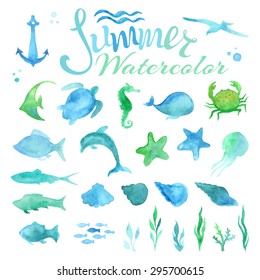 Vector set of watercolor marine life. Various fish, starfish, crab, whale, shell, sea horse, jellyfish, dolphin, turtle, algae, anchor, waves isolated on white background. 