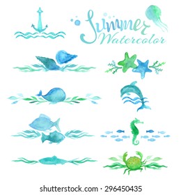 Vector set of watercolor ocean page decorations and dividers. Various fish, starfish, crab, whale, shell, sea horse, jellyfish, dolphin, turtle, seaweed, anchor, waves isolated on white background. 