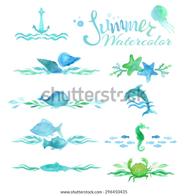 Vector set of watercolor ocean page decorations and\
dividers. Various fish, starfish, crab, whale, shell, sea horse,\
jellyfish, dolphin, turtle, seaweed, anchor, waves isolated on\
white background. 