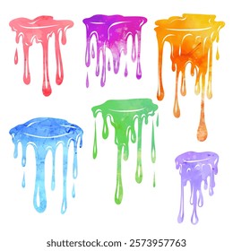 Vector set of watercolor paint drops with flowing down drops in cartoon style isolated from background. Color collection of sticky dye stains for icons