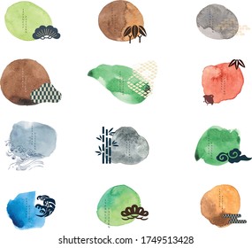 Vector set of watercolor painting brush logo icon in Japanese style. Asian traditional sign with abstract art background. 