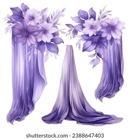 vector set watercolor purple flowers and violet veil