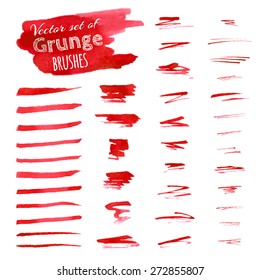 Vector Set Of Watercolor Red Brush Strokes. Various Scribbles And Strokes Isolated On White Background.