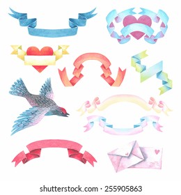 Vector set of watercolor ribbons, hearts, letters and bird in vintage style