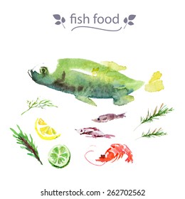 Vector set of watercolor sea food. Fish set on white back ground. Food illustration.