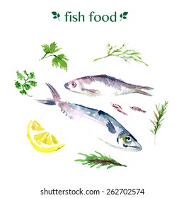 Vector set of watercolor sea food. Fish set on white back ground. Food illustration.