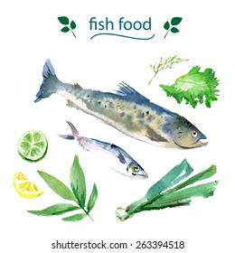 Vector set of watercolor sea food. Fish set on white back ground. Food illustration.