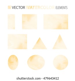 Vector set - watercolor shapes - circle, ellipse, rectangle, square, triangle. Isolated on white background. Light yellow. Eps 10