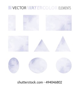 Vector set - watercolor shapes - circle, ellipse, rectangle, square, triangle. Purple. Isolated on white background. Eps 10.