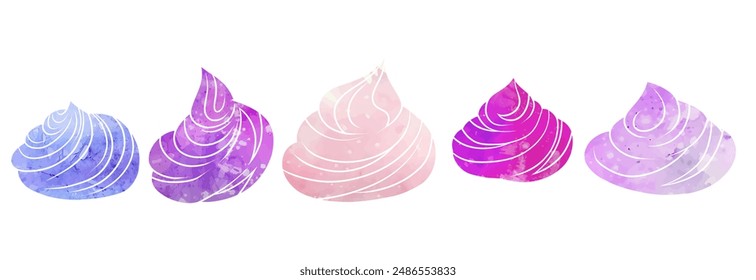 Conjunto de Vector de merengues y cremas de dibujos animados de silueta de acuarela aislados del fondo. Colección de zéfiros de pintura violeta. Clipart de yogur batido para recetas, pegatinas