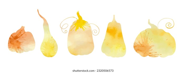 Vector set of watercolor silhouettes of pumpkins isolated from the background. Paint splatter vegetables for logos and icons. Autumn harvest. Thanksgiving and Halloween