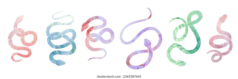 Vector set of watercolor silhouettes of snakes in various poses. Collection of colorful cobras and boas isolated from background. Animal clipart for sublimation, stickers and icons