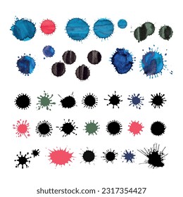 Vector set of watercolor stains with drops and splashes