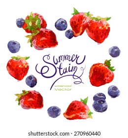 Vector set of watercolor strawberries and blueberries