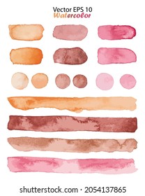Ilustración de rayas de color de agua y de manchas de vectores aisladas en fondo blanco. Tiras y puntos de pincel de color marrón rosado naranja