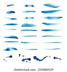 Conjunto vectorial de trazos de acuarela de diferentes tamaños y formas. Manchas azules dibujadas a mano. Diseño de vectores.