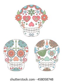 Vector Set of Watercolor Style Day of the Dead Skulls or Sugar Skulls