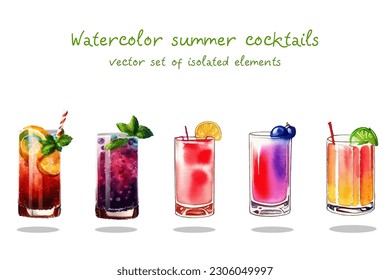 Vector set of watercolor summer cocktails in doodle style.