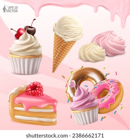 Vector set of watercolor sweets. Cupcakes, flavored marshmallows, vanilla ice cream, piece of raspberry cake and glazed donuts. 3d realistic illustrations of food for advertising